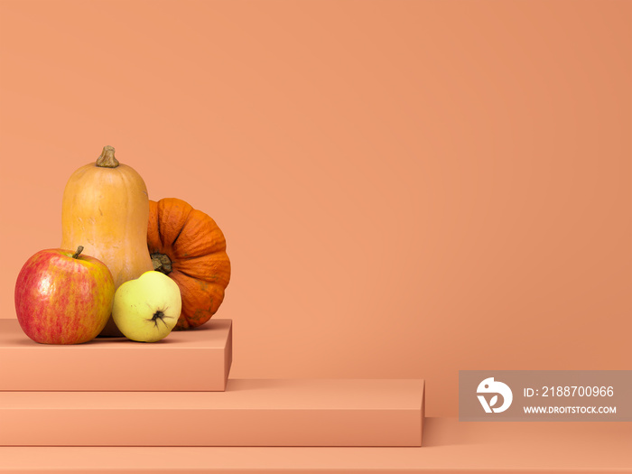 Halloween decorations on pastel color background. Podium or pedestal with pumpkins for products display or advertising for autumn holidays. 3d illustration for fall.