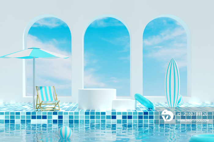 3D render cylinder podiums placed on blue mosaic tile floor in the pool with door frame viewed sky behind. Decorated with chair under umbrella, surfboard and swimming buoy. 3D illustration