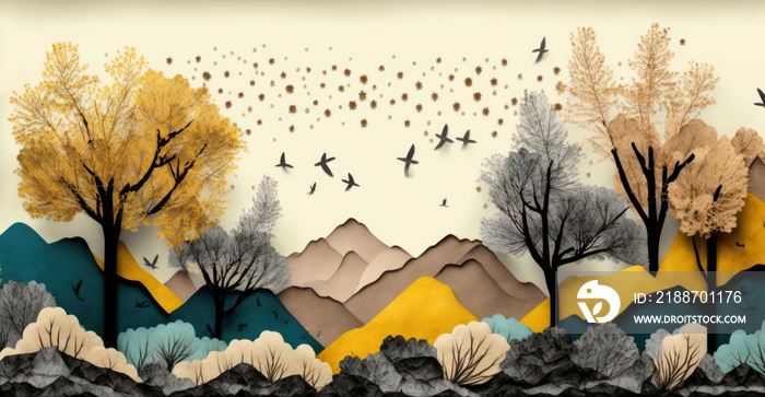 Brown trees with golden flowers and turquoise, black and gray mountains in light yellow background with white clouds and birds. 3d illustration wallpaper landscape art