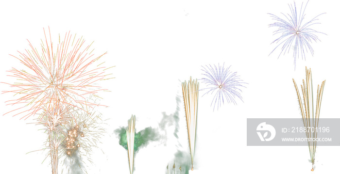 Isolated red yellow purple blue and white fireworks with smoke overlay