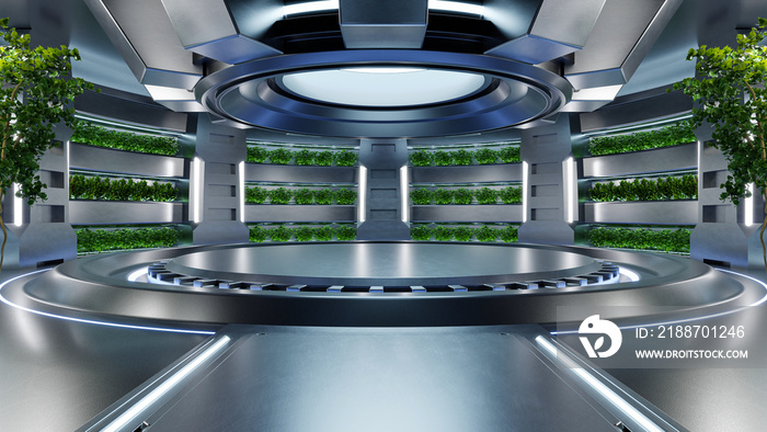 Hydroponics Lab room on spacecraft with circle podium empty.