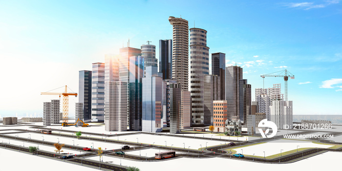 3D render of a conceptual city with road networks.