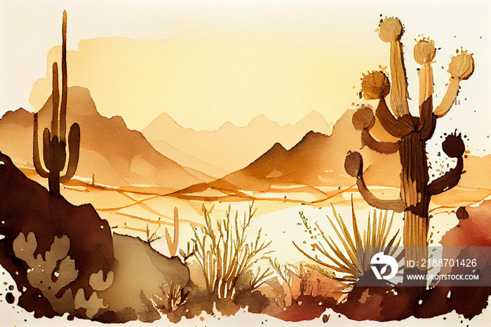 Desert landscape with silhouettes of cacti hills.