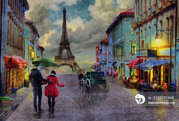 Oil Painting - Rainy Day Paris with Eiffel tower.Collection of designer oil paintings. Decoration for the interior. Modern abstract canvas art. Set of pictures. umbrella. vintage