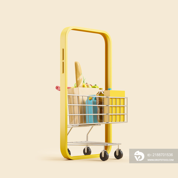 Phone and shopping cart and fresh products, light beige background