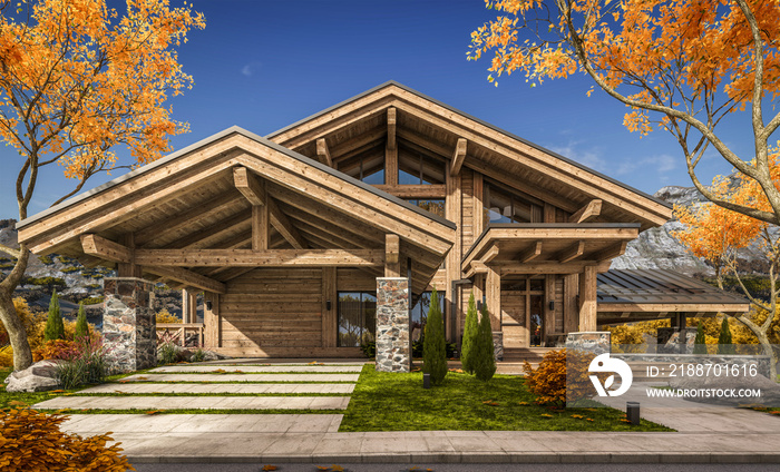 3d rendering of modern cozy chalet with pool and parking for sale or rent. Beautiful forest mountains on background. Massive timber beams columns. Clear sunny autumn day with golden leaves anywhere.