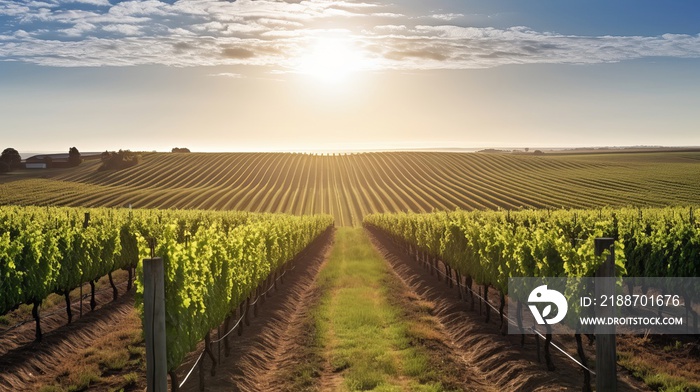 Scenic Vineyard Rows Basking in Warm Sunlight with Blue Sky