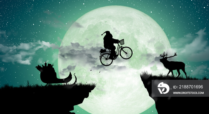 Welcome merry Christmas and Happy new year. Santa Claus on bike jumping across the gap to Silhouette Deer with Full moon background.