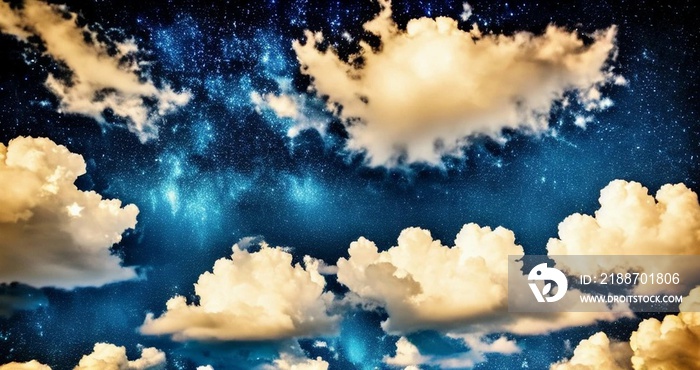 Beautiful blue starry glowing galaxy sky with clouds