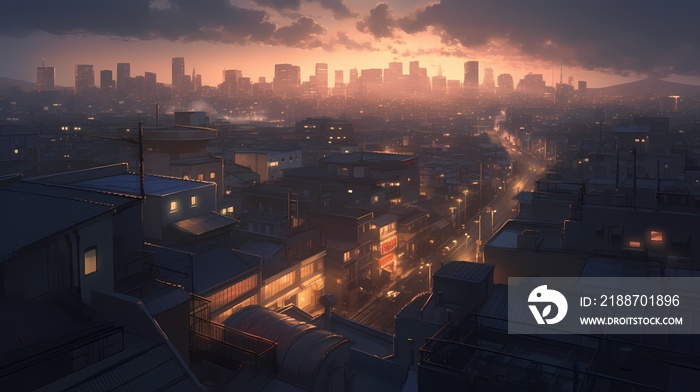 The cityscape in Japanese anime is often a vibrant and bustling metropolis, with towering skyscrapers, flashing neon lights, and busy streets filled with people and vehicles.