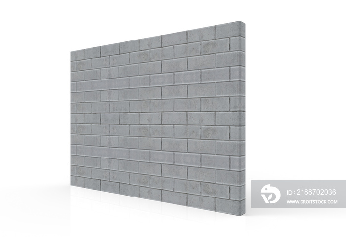 3d rendering. perspective view of textured cement brick stack wall with clipping path on gray background.