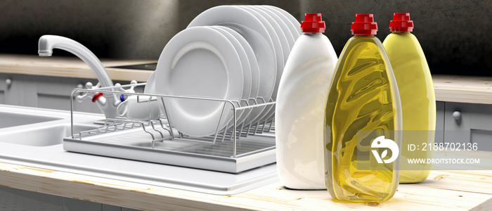 Dish soap liquid detergent containers in plastic bottles on kittchen dish rack background. 3d illustration