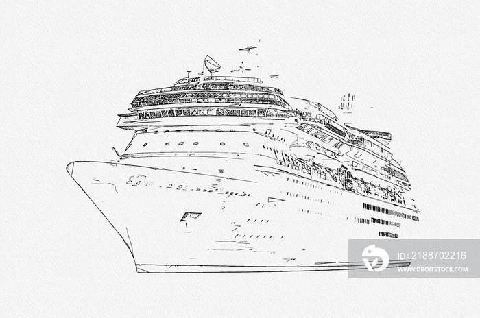 Pencil drawing of cruise ship isolated on white background, modern ocean liner