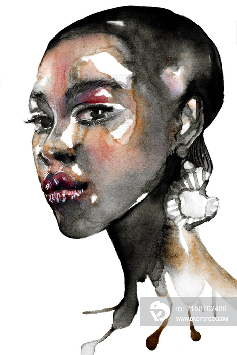 Beautiful African woman portrait in watercolor with splatter