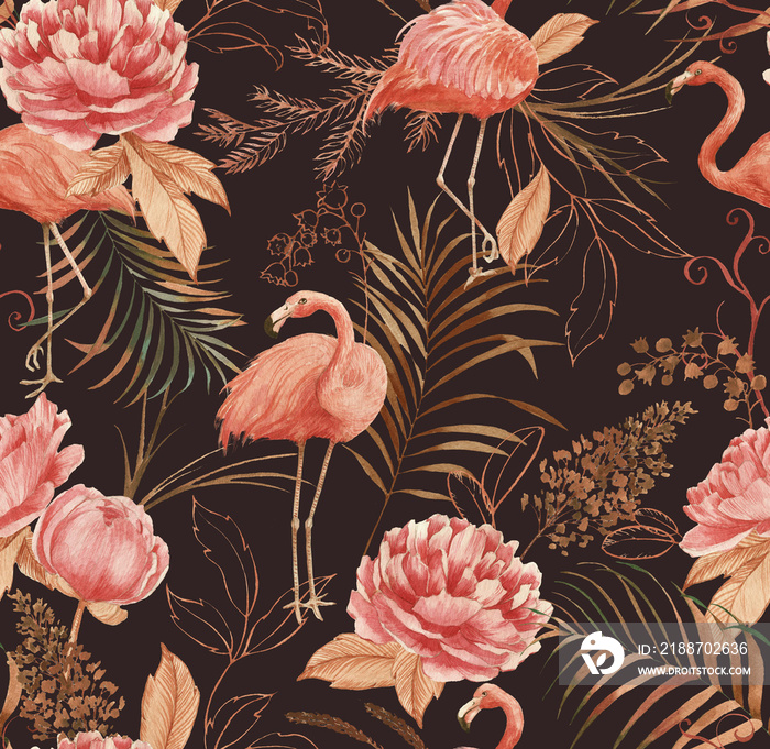 Hand drawn watercolor seamless pattern with pink flamingo, peony and decorative plants. Repeat background illustration