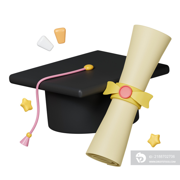 3d simple certificate or diploma icon with yellow stamp and graduate hat isolated on pastel background. icon symbol clipping path. education. PNG 3d render illustration