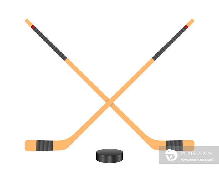 Ice Hockey puck and sticks. Sport symbol.  Illustration isolated on white background