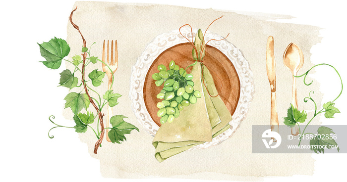 Watercolor wedding farmhouse table scape, table setting, food, decoration, rustic celebration, wooden plate