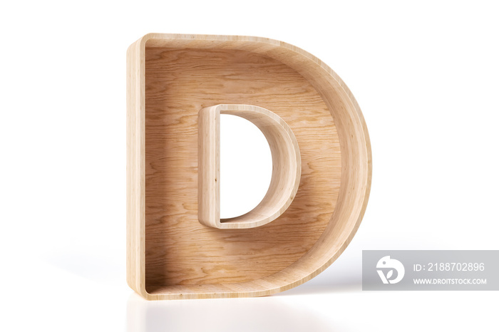 Wood letter D hollow shape style, nice to decorate a modern interior or a product stand. High detailed 3D rendering.