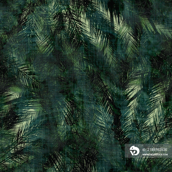 Green tropical palm tree leaves seamless pattern. High quality illustration. Vivid, detailed, and highly textured graphic design. Trendy jungle foliage for fabric or repeat surface design.