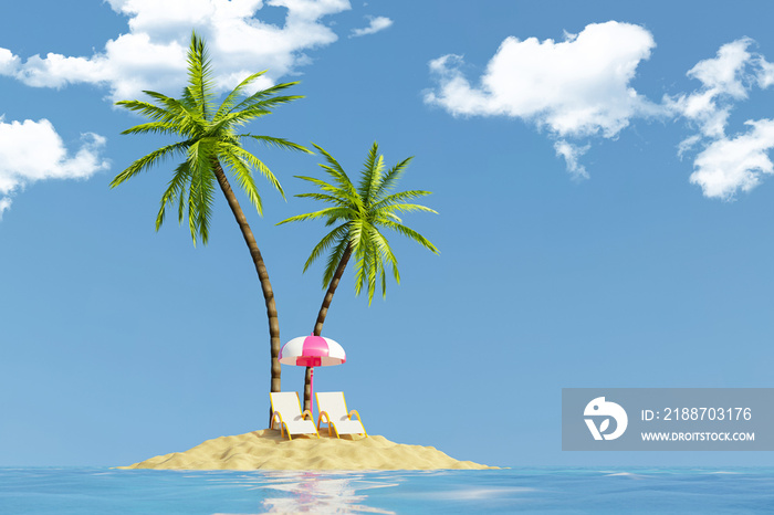 Palms tree 3d collage of desert sand beach sunbed with sunbathing parasol abroad lost island in ocean isolated over wild nature background