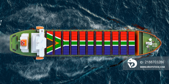 Freighter ship with South African cargo containers sailing in ocean, 3D rendering