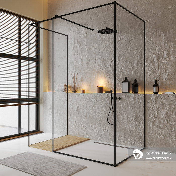 shower cabin in luxury contemporary bathroom interior with decorative walls and tile floor, shelf with cove light and bath accessories, 3d rendering