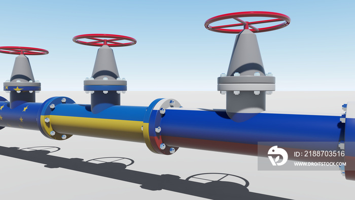 The gas pipeline with flags of Russia, Ukraine and EU. 3d rendering