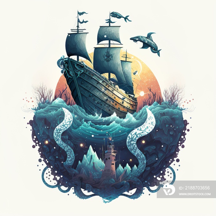 Nautical sailor deep sea logo with ship in sunset and anchor isolated design