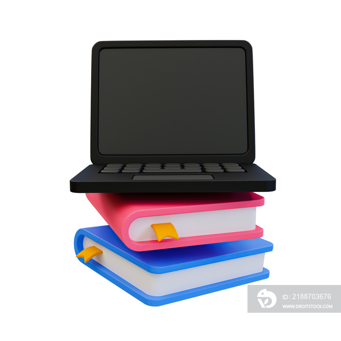 3d minimal online knowledge seeking. e-learning concept. online education concept. a stack of books with a laptop. 3d rendering illustration.