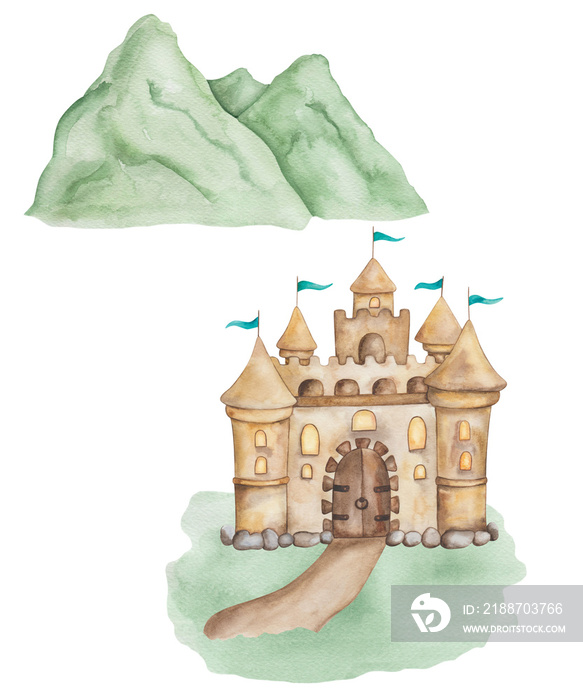 Watercolor illustration hand painted brown castle, fortress, palace with flags, path, stones, green mountain range. Isolated mansion clip art element for design postcards, interior sticker, poster