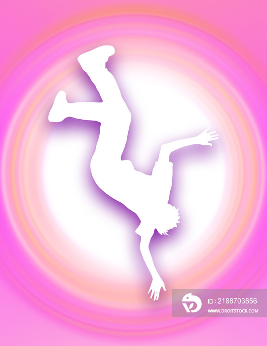 A falling man or boy is seen in a white silhouette on an abstract colorful swirling background in this 3-d illustration.