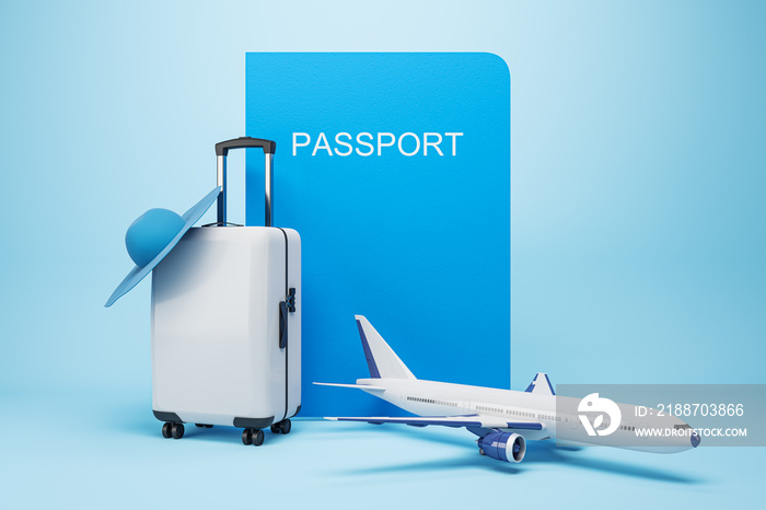 Vacation and travel concept with graphic blue passport cover, white suitcase and plane on light blue background. 3D rendering