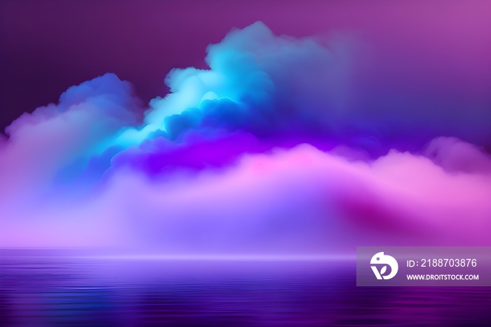 Abstract art background with free space featuring a mysterious stormy sky, a blue-purple glowing fog cloud wave, mist texture, color smoke, and paint water blend.