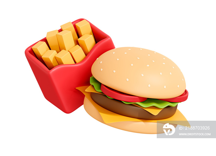 3D Hamburger and French fries. American street fast food. Floating burger and chips. Sandwich with beef and vegetables. Cartoon creative design icon isolated on white background. 3D Rendering