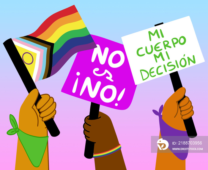 Manos con carteles feministas y bandera lgtbiq+