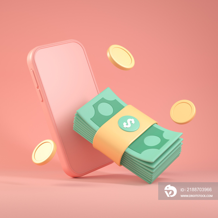 3d Rendering Financial Business Cash Banknotes And, SmartPhone Mobile, Floating Coin Around, Illustration Background