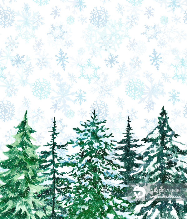 Winter snowy background with falling snowflakes and pine tree forest. Hand painted snow spruce trees landscape illustration, Christmas and New Year greeting card template.