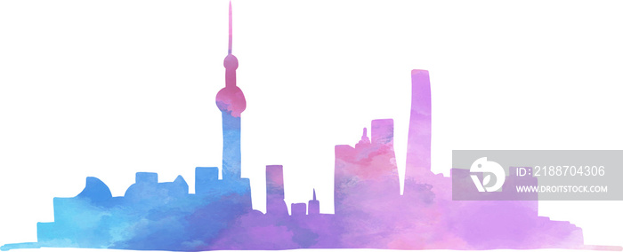 shanghai cityscape skyline colorful watercolor style illustration.