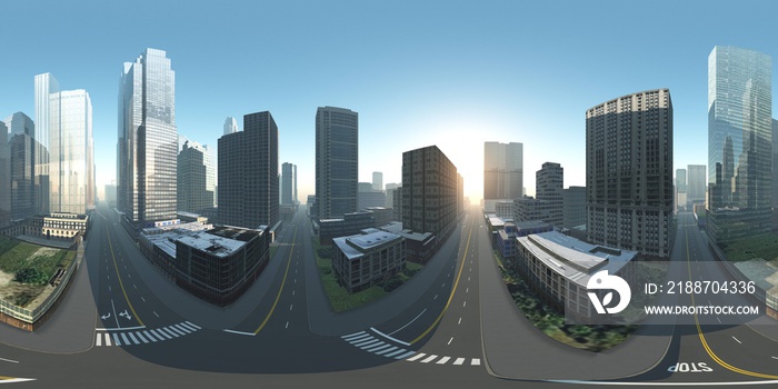 Panorama of the city. Environment map. HDRI map. equidistant projection. Spherical panorama. 3D rendering