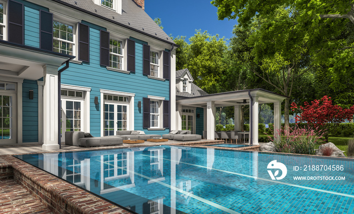 3d rendering of modern cozy classic house in colonial style with garage and pool for sale or rent with beautiful landscaping on background. Clear sunny summer day with blue sky.