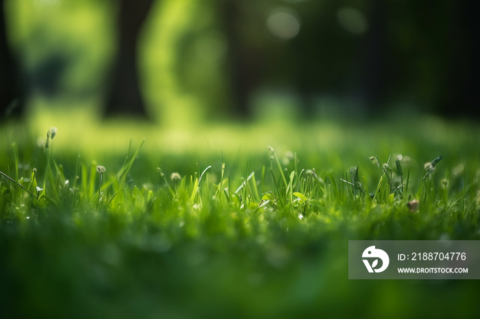 Fresh green garden grass lawn in spring, summer with bright bokeh of blurred foliage of springtime in the background and tree leaves in the foreground.