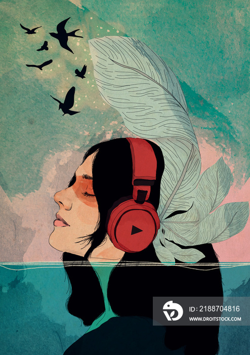 Retrato ilustrado chica escuchando música bajo el agua