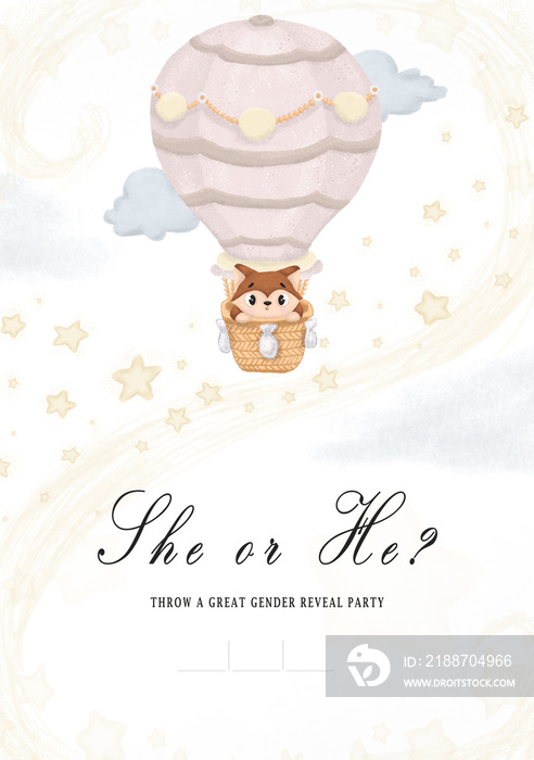 She or he? Invitation card template with the inscription on a white background with hot air balloon and animal, stars, sky. Design for Gender reveal party can be used of holiday, pregnancy, motherhood