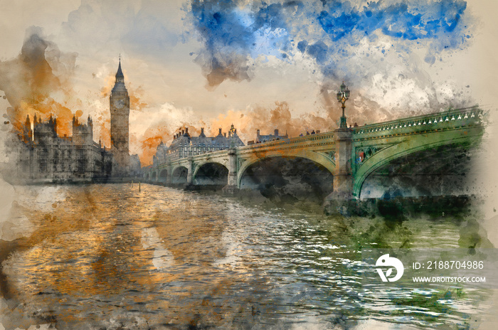 Watercolor painting of Big Ben and Westminster Bridge during Winter sunset.