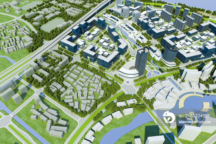 3d render of modern city, aerial view