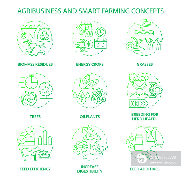 Agribusiness and smart farming green gradient concept icons set. Biomass residues. Energy crops idea thin line color illustrations. Isolated outline drawings