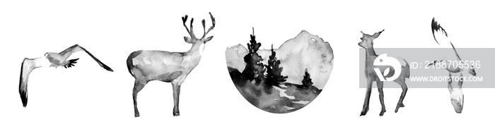 Watercolor Forest illustration Set: deer, grief, forest trees, spruces, pines, eagles.