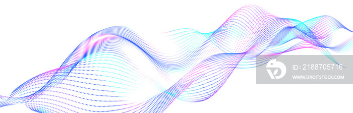 Colorful wave of streaming particles on a white background. Abstract background with dynamic elements of waves. 3d