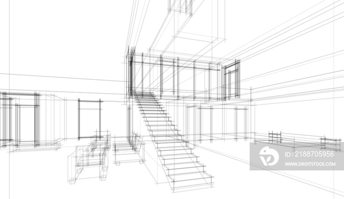 Modern house building architectural sketch 3d illustration